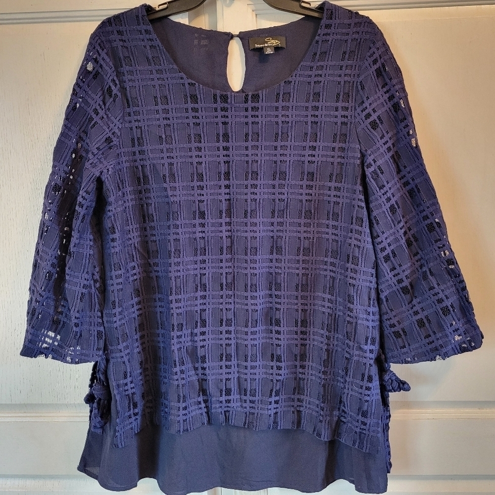 Suzanne Betro Navy Textured Plaid Wide Sleeve Tunic Blouse